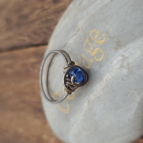 Childs pinky ring equivalent to size‎ 2.5 sterling wire wrap cerulean stone R633